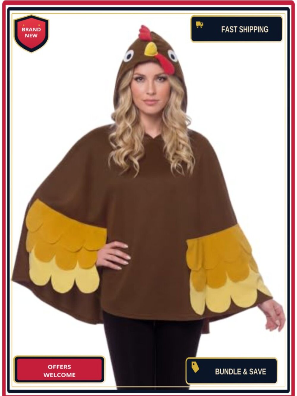 Adult Hooded Poncho Costume Turkey Polyester Cape One Size Fits Most